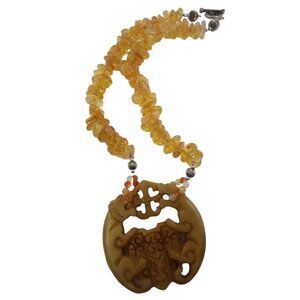 Asian Figural Double Sided Jade Pendant w/ Amber and Agate Beaded Necklace